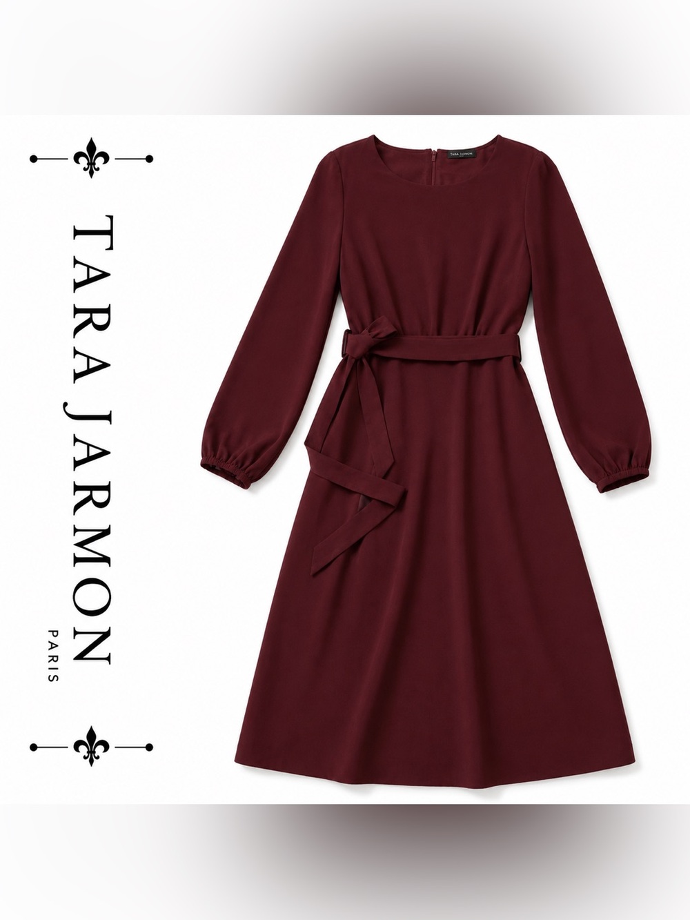 Tara Jarmon Paris Burgundy Tie Waist Maxi Dress Long Sleeve Size 36 US 4